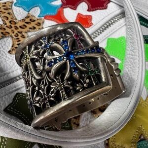 Silver Floral Cutout Cuff Bracelet with Multicolor Stones